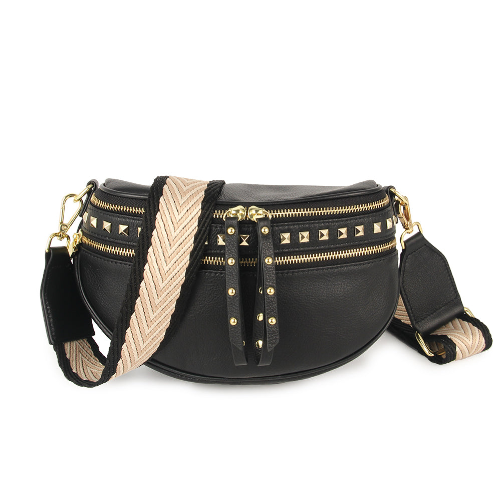 Obsessed Bag in Black with gold studs and double zips