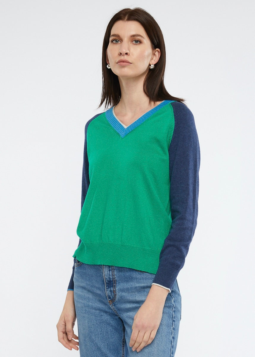 
                  
                    Fashioned V Neck jumper by Zaket and Plover in Emerald and Navy
                  
                