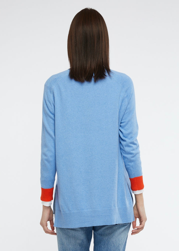 
                  
                    Light Blue Zaket & Plover Cashmere and Cotton Cardigan with dark blue and orange button details
                  
                