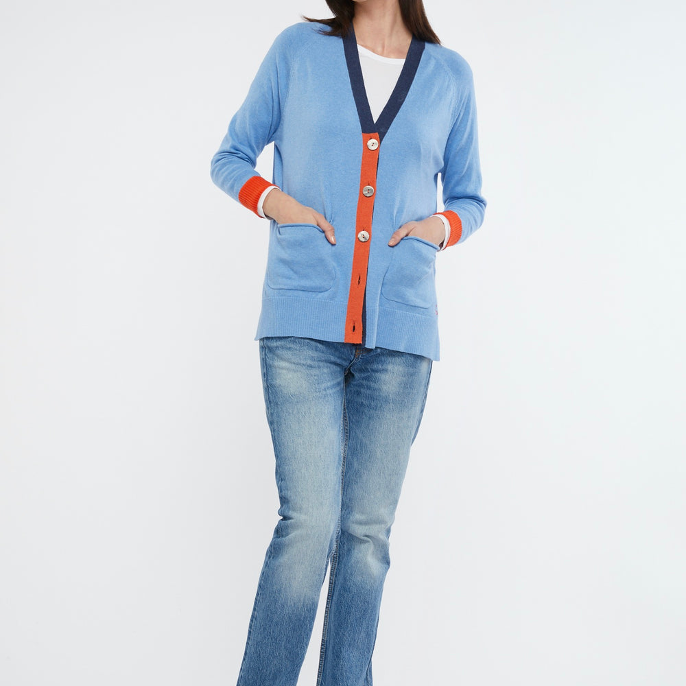
                  
                    Light Blue Zaket & Plover Cashmere and Cotton Cardigan with dark blue and orange button details
                  
                