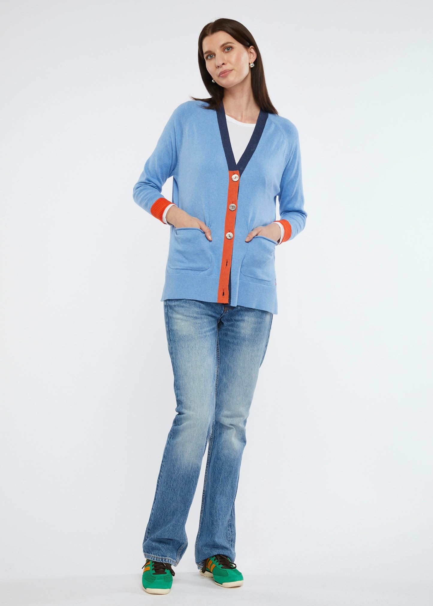 
                  
                    Light Blue Zaket & Plover Cashmere and Cotton Cardigan with dark blue and orange button details
                  
                