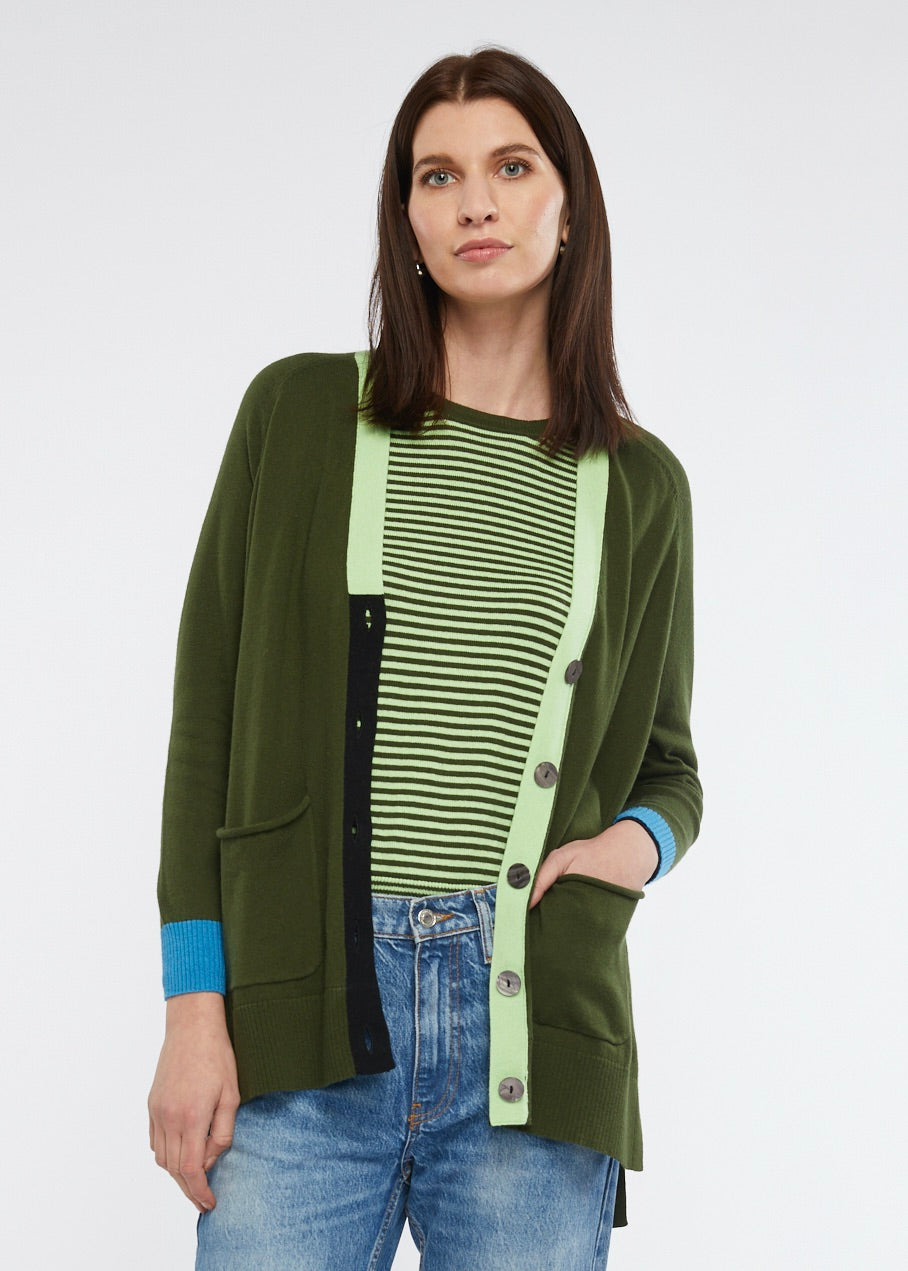 Dark Green Zaket & Plover Cashmere and Cotton Cardigan with light green and black button details