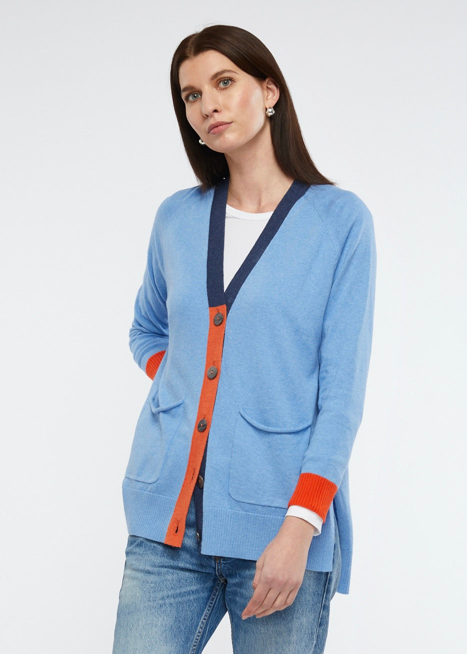 
                  
                    Light Blue Zaket & Plover Cashmere and Cotton Cardigan with dark blue and orange button details
                  
                