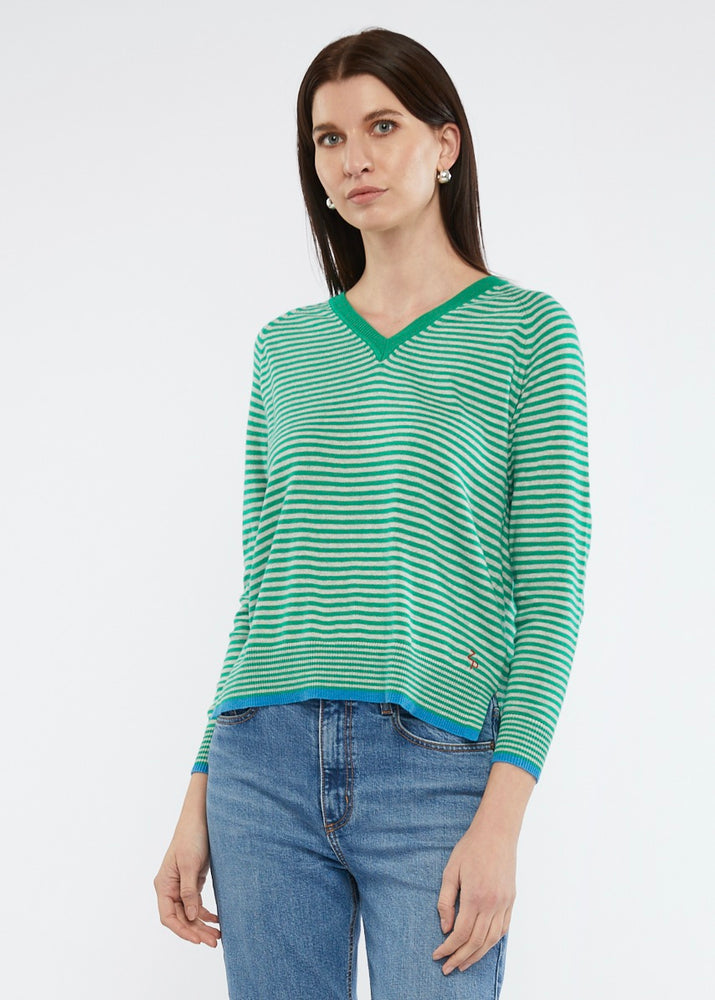 Zaket & Plover green and Grey striped Cashmere and Cotton V neck cut Jumper