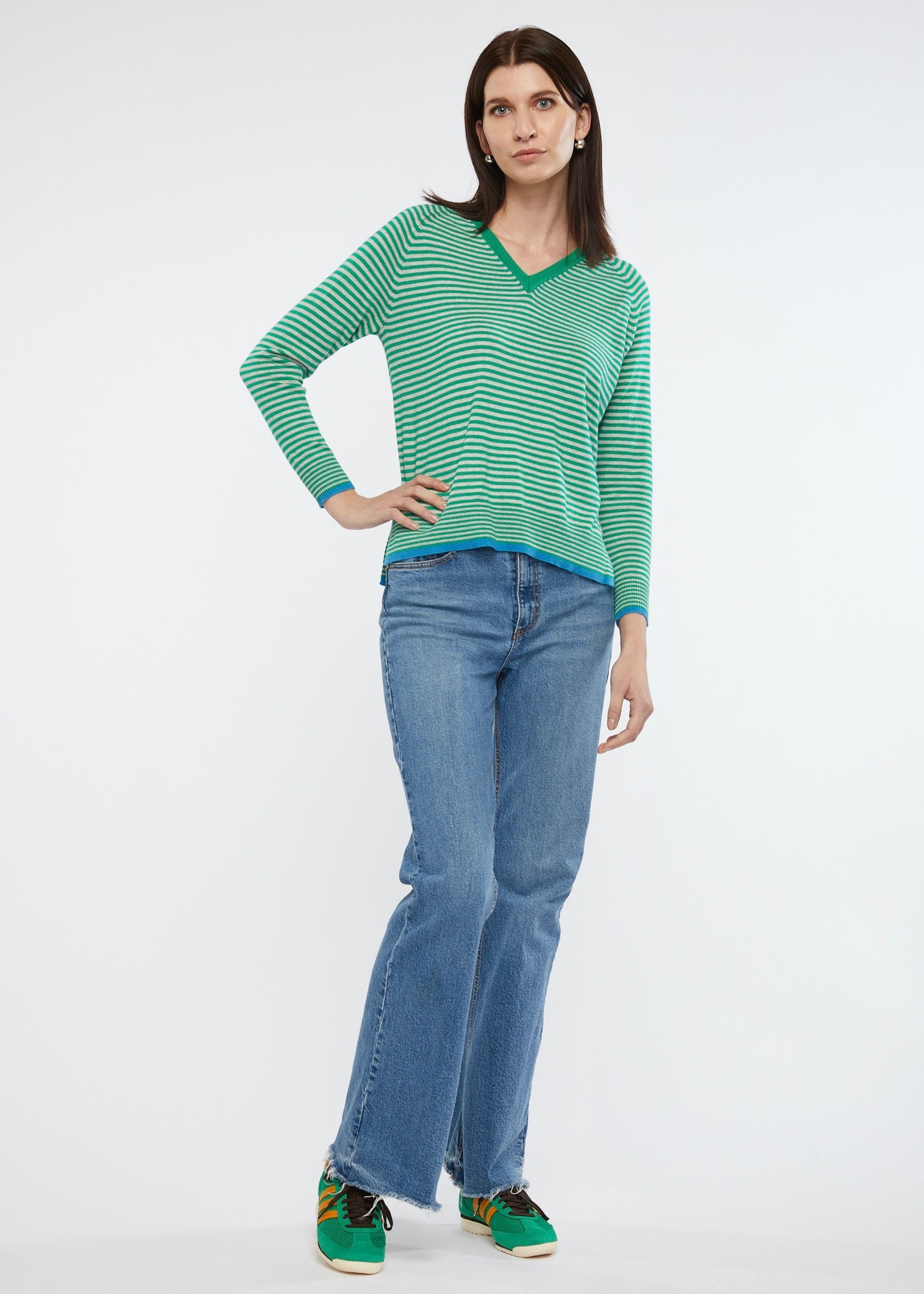 
                  
                    Zaket & Plover green and Grey striped Cashmere and Cotton V neck cut Jumper
                  
                